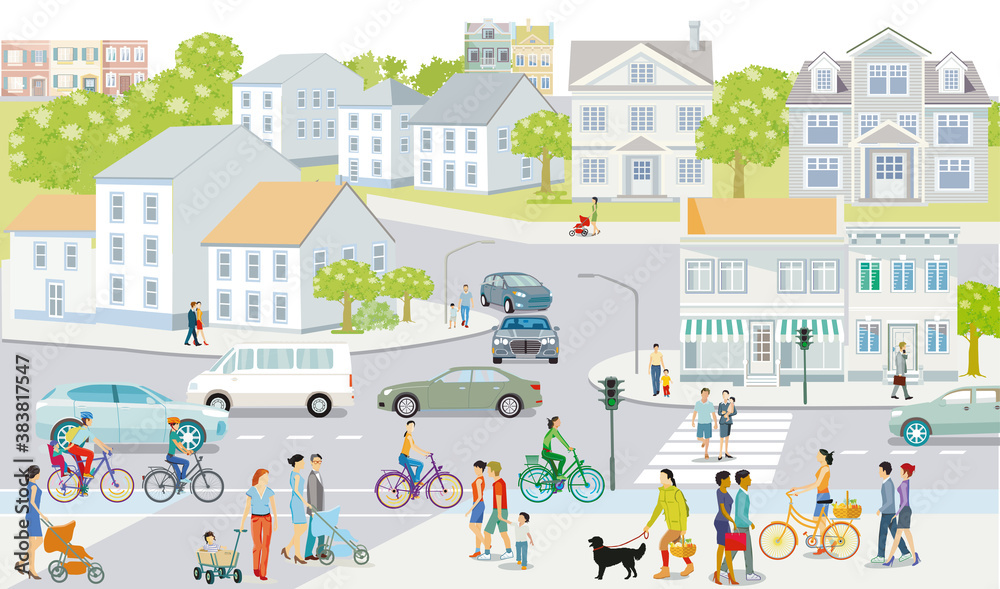 Stadtsilhouette mit Menschen und Straßenverkehr,  Illustration