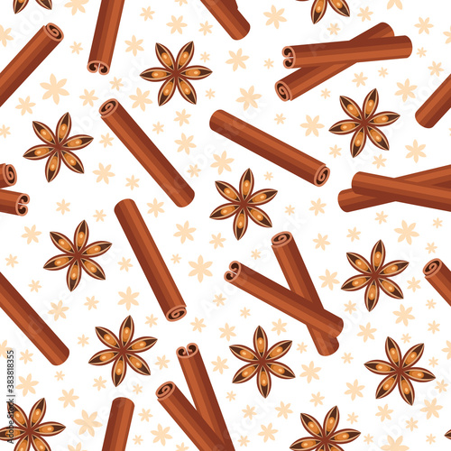 Christmas spices cinnamon and star anise seamless pattern.