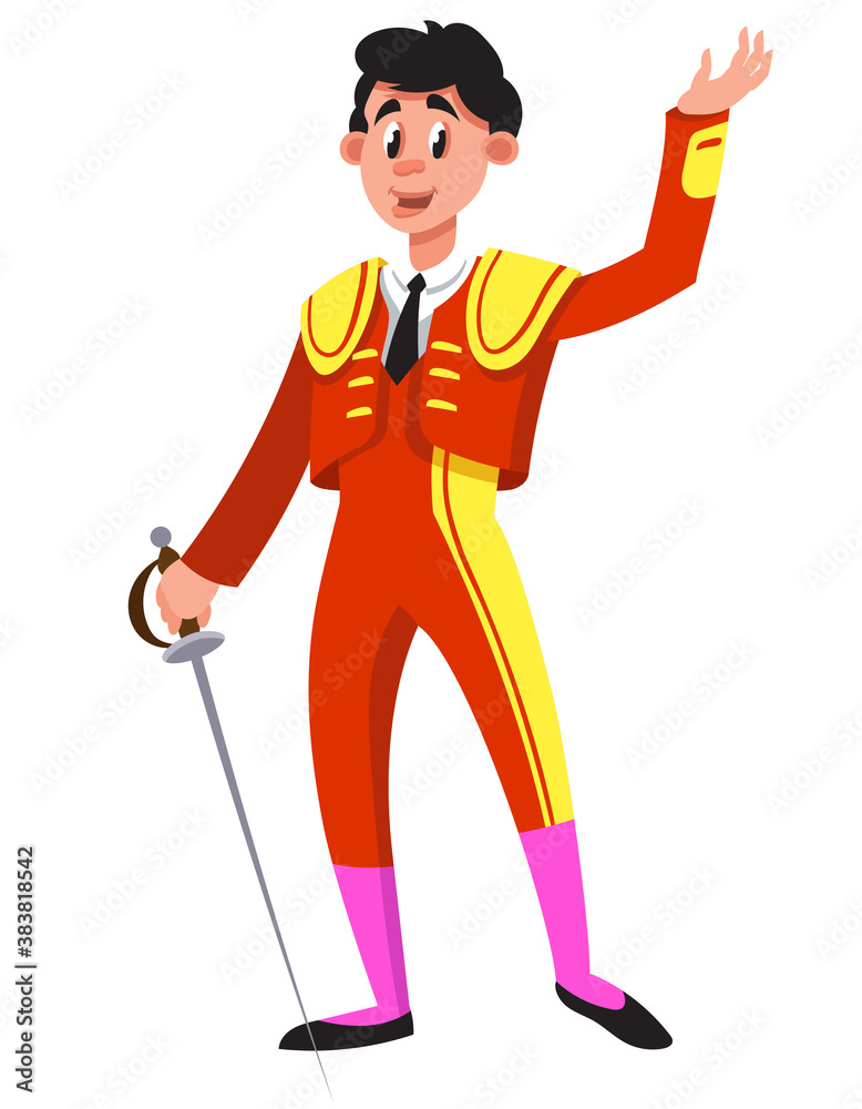 Bullfighter holding sword. Male character in cartoon style.