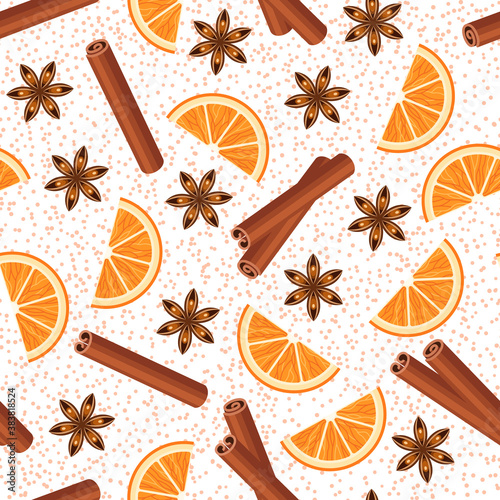 Christmas spices cinnamon, star anise and orange seamless pattern. For christmas and other design.