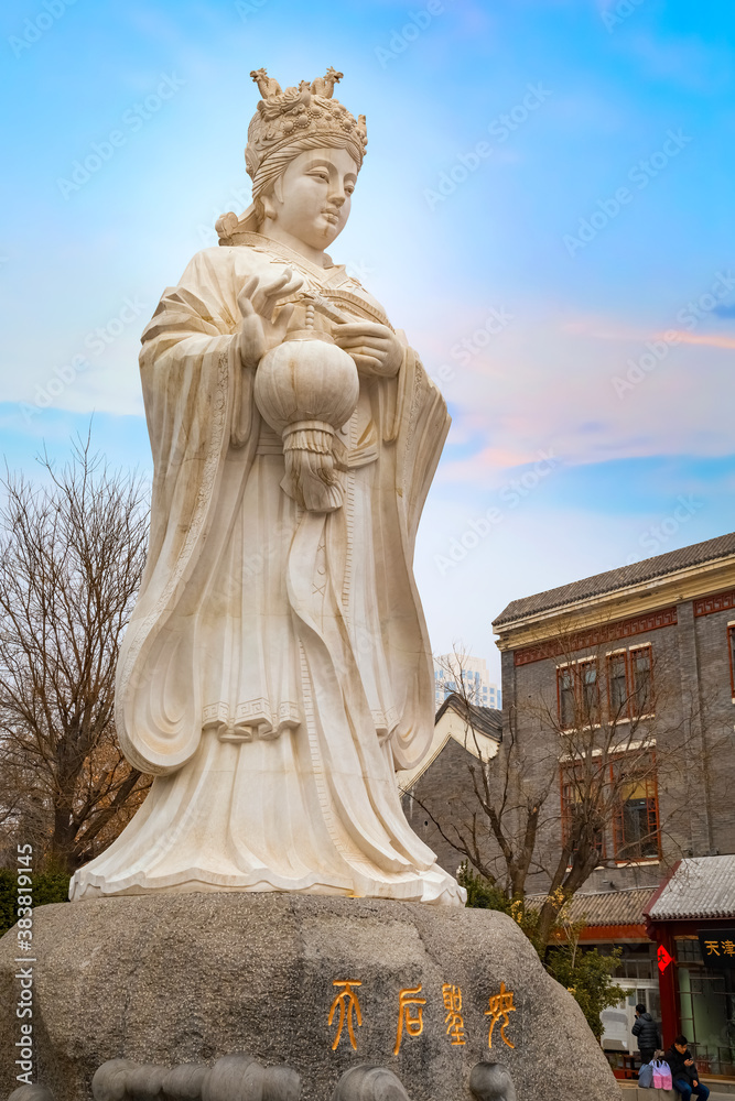 Mazu - Chinese sea goddess, the statue situated on the side of Tianhou Temple at Guwenhua Jie street in Tianjin, China