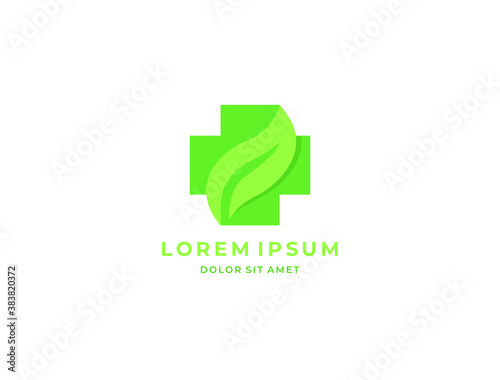 Green leaf and medical cross logo icon. Natural medicine concept. Alternative medicine, homeopathy, vitamin therapy, wellness, ayurveda, chinese medicine, holistic centre logo, badge, emblem.