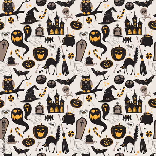 Seamless pattern Of Vintage Happy Halloween flat  icons. Hallowe