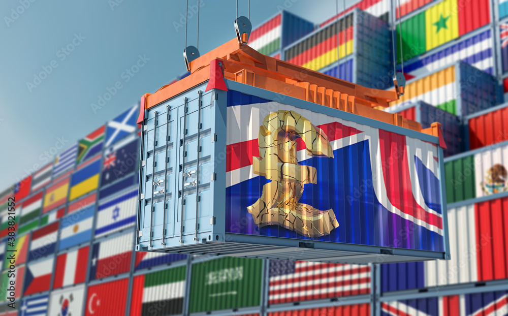 Shipping container with broken pound sign and the United Kingdom Flag on the side panel. United Kingdom leaving the European Union causing trading issues. 3D Rendering
