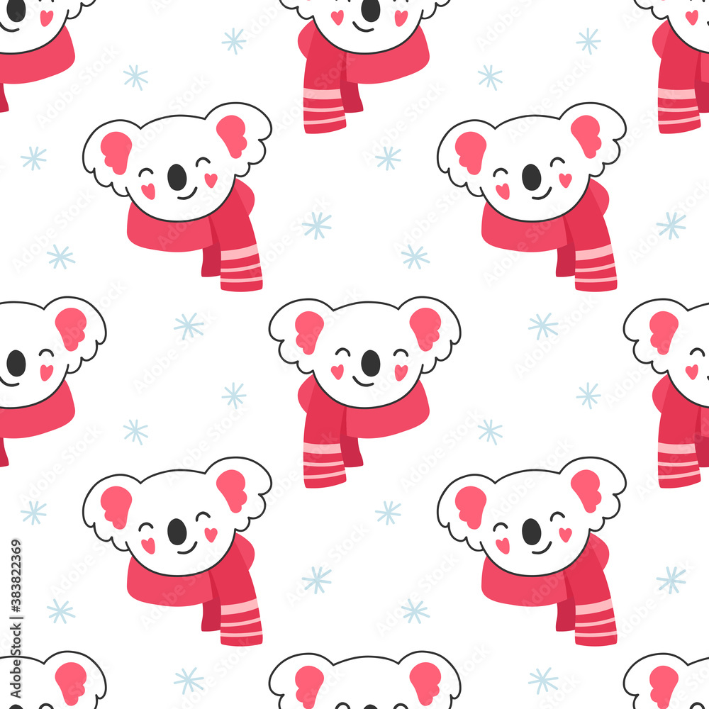 Seamless cute pattern koala in a scarf, winter, snowflakes. Vector illustration for children. Seamless cute pattern koala in a scarf, winter, snowflakes. Vector illustration for children.