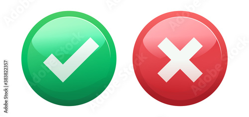 Check mark and shiny bright buttons. Acceptance, approval, rejection symbols. Vector flat yes and no icons.