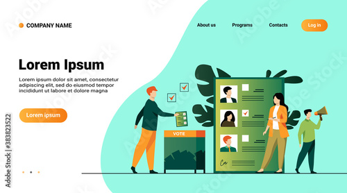 Election or referendum campaign. Citizens voting for candidates, inserting survey form to ballot box. Vector illustration for democracy, vote polling, choice, society, constitution concept
