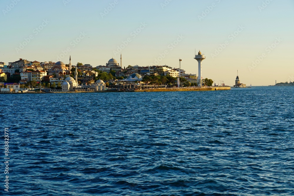 The blue waters of the Bosporus Strait on a clear sunny summer day. Tourist boat trips
