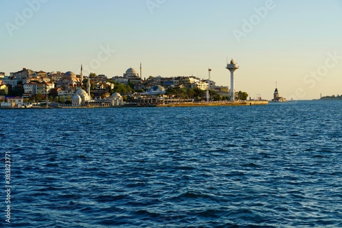 The blue waters of the Bosporus Strait on a clear sunny summer day. Tourist boat trips