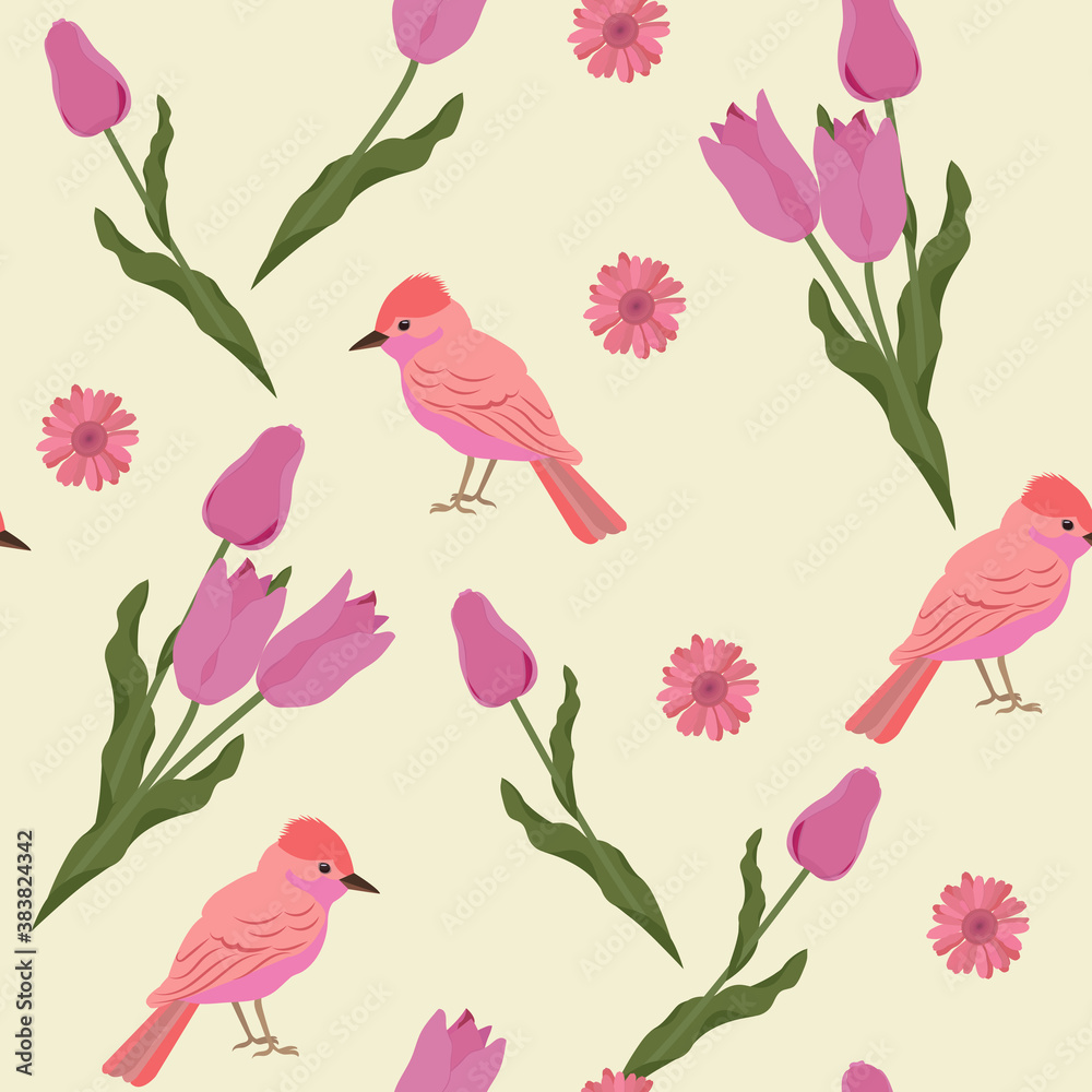 Seamless vector illustration with pink tulips and birds.