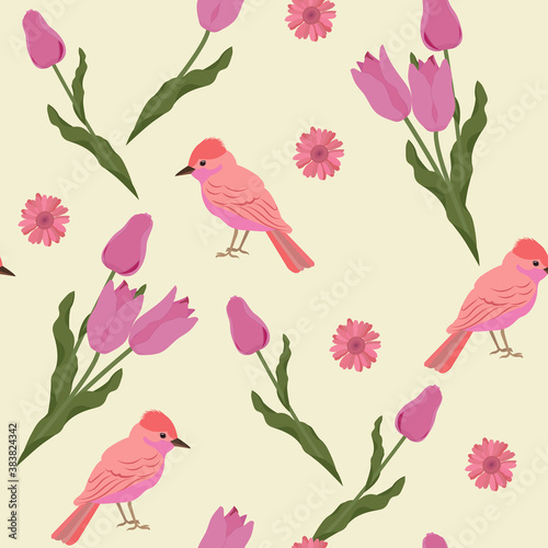 Seamless vector illustration with pink tulips and birds.