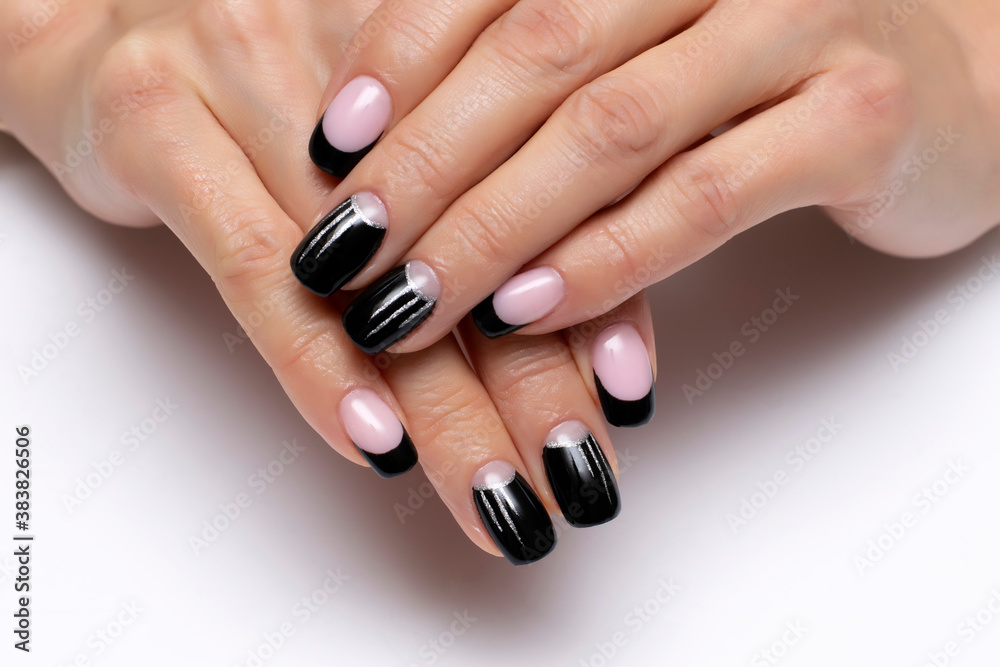 Gel Design. Black French Manicure With Silver Stripes On Long Square Nails  On A White Background Close-Up. Stock Photo | Adobe Stock