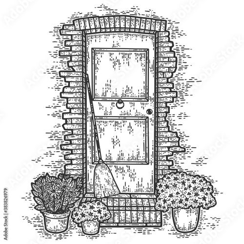 Vintage, brick door with flowers. Sketch scratch board imitation.