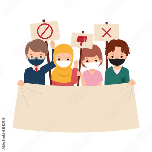 Group of protester wearing mask holding blank banner and placard. Corona virus era protest template. Flat vector isolated on white background