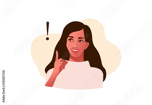 Thinking woman. Concept of a great idea. Beautiful female face, positive emotions. Vector illustration