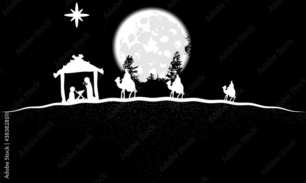 Landscape with three wise men and jesus in black and white, vector art ...