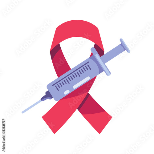 HIV vaccine icon, AIDS awareness ribbon and syringe vector illustration flat style design isolated on white. Colorful graphics