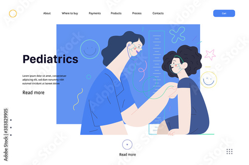 Pediatrics - medical insurance -modern flat vector concept digital illustration - female pediatrician carrying out the auscultation of a little girl with a stethoscope, medical office or laboratory
