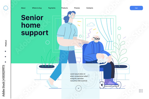Medical insurance - senior home support - modern flat vector concept digital illustration -a nurse rolling a wheel chair with a senior patient at his home. Home medical service, part of insurance plan