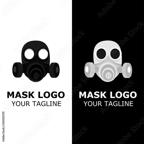 white and black gas mask logo