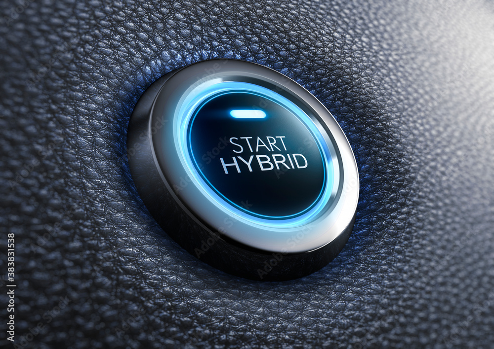 Fotografie Start hybrid button with blue light - 3D illustration