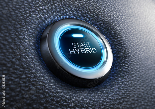 Start hybrid button with blue light - 3D illustration