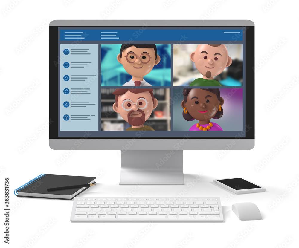Remote working teams meeting online via desktop application 3d Remote working teams meeting online via desktop application 3d
