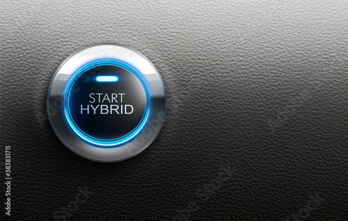 Start hybrid button with blue light - 3D illustration