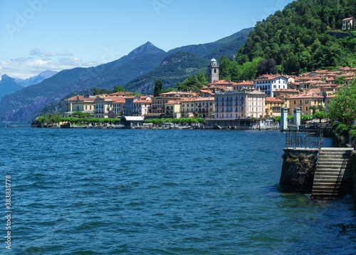 Beautiful landscape of Bellagio village on Lake Como surrounded by forested mountains. Lombardy, Italy