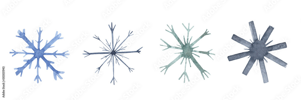 Set of watercolor snowflakes. Winter, nature elements, snow, crystal, holiday, christmas. For printing, cliparts, stickers, postcards, etc.