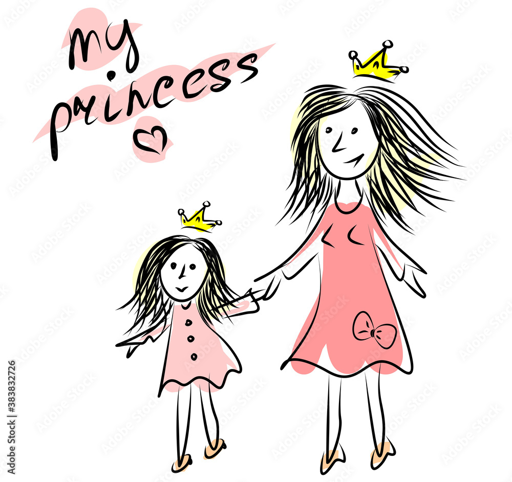 Vector illustration. Mom and daughter are holding hands. Beautiful pink dresses on mom and daughter, gold crowns on their heads. Cartoon illustration depicting mom and daughter as queen and princess.