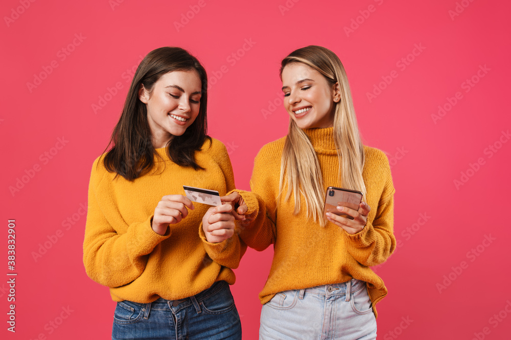 Two happy young girlfriends shopping online Two happy young girlfriends shopping online