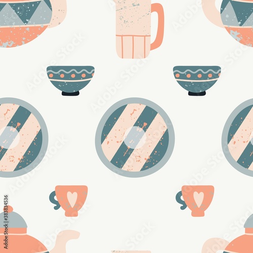 Utensil seamless pattern. Hand drawn textured colorful kitchen cartoon ceramic tableware, cute teapot, cup and bowl creative design textile, wrapping paper, wallpaper vector texture