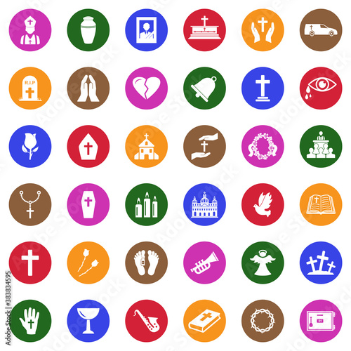 Funeral Icons. White Flat Design In Circle. Vector Illustration.
