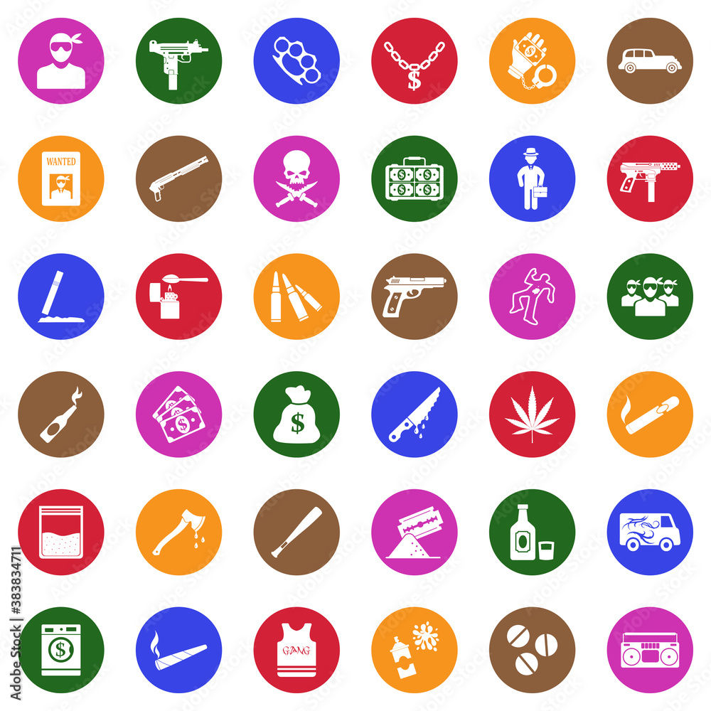 Gang Icons. White Flat Design In Circle. Vector Illustration. Gang Icons. White Flat Design In Circle. Vector Illustration.