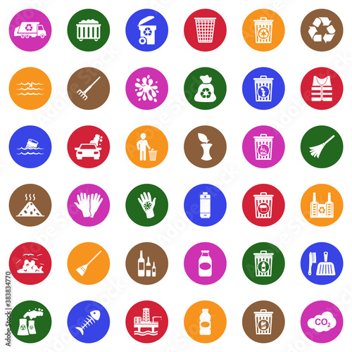 Garbage Icons. White Flat Design In Circle. Vector Illustration.