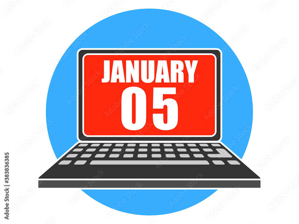 january 5th. Day 5 of month, Laptop with date on screen winter month, day of the year concept january 5th. Day 5 of month, Laptop with date on screen winter month, day of the year concept
