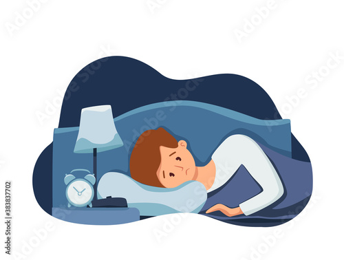 Sleepy awake man in bed suffers from insomnia. Vector illustration of tired exhausted sad guy insomniac