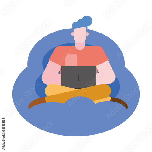 man cartoon with laptop on puf vector design