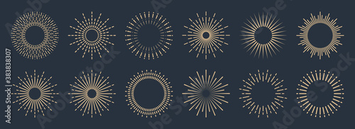 Vintage sunburst collection. Bursting golden sun rays. Fireworks. Logotype or lettering design element. Radial sunset beams. Vector illustration.
