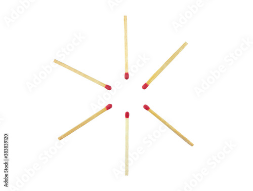 Group of red head matchsticks Frame in the circle shape isolated on white background, Top view. Mockup. Flat lay composition.