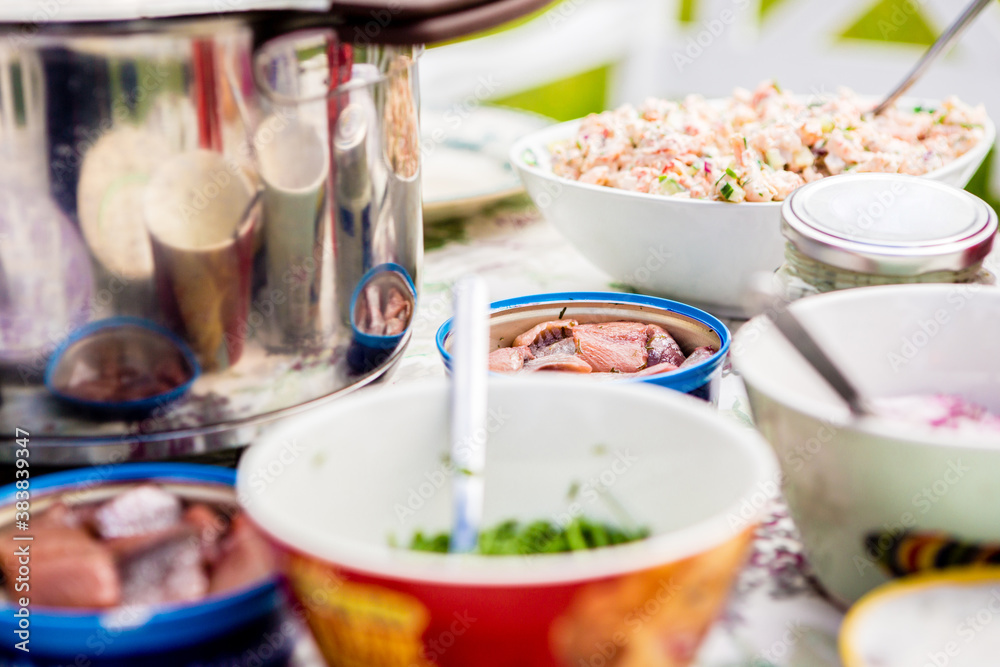 Food buffet with herring in focus. Swedish midsummer food. Selective focus on subject. Food buffet with herring in focus. Swedish midsummer food. Selective focus on subject.