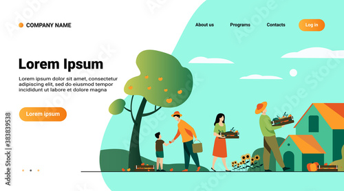 Farming and agriculture concept. Farmers picking fruits under tree, carrying crates with vegetables from plantation. Vector illustration for gardening, autumn, harvest season topics