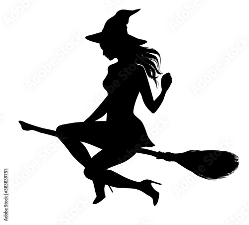 Silhouette of young beautiful sexy witch flying on a broomstick. Pretty woman with fluttering hair wearing witches hat sitting on a besom. Vector silhouette for Halloween design.