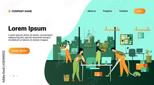 Professional janitors working in office isolated flat vector illustration. Cartoon cleaning team washing, holding stuff, removing dust, using vacuum cleaner. Clean service and hygiene concept