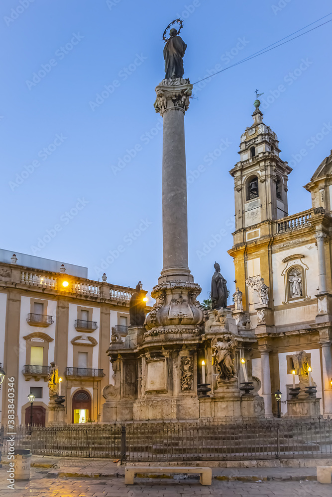 Church of San Domenico (Chiesa di San Domenico, 1640) and Column of Immaculate Conception (1728) in middle of San Domenico square. Palermo, Sicily, Italy.