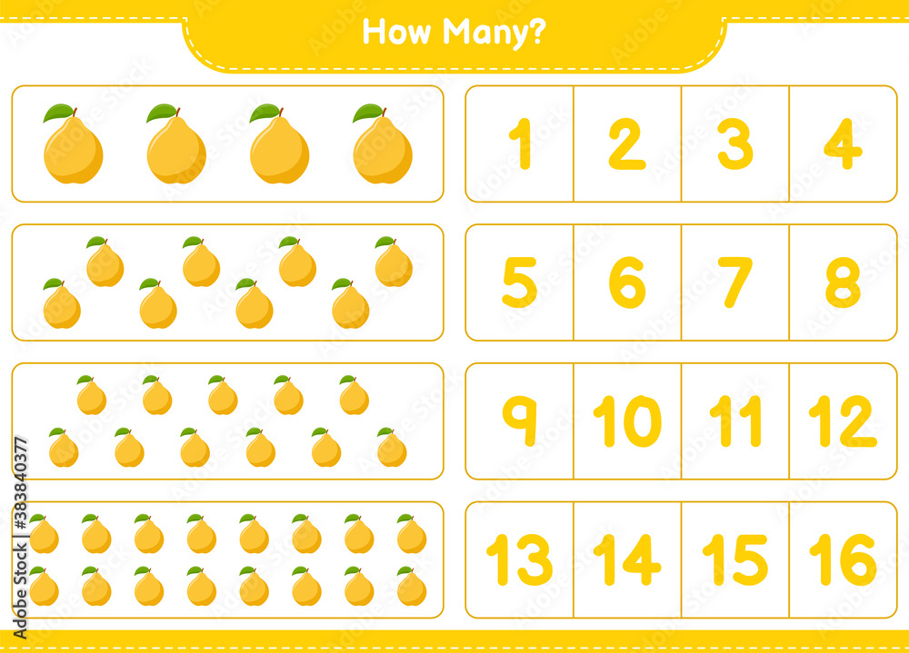 Counting game, how many Quince. Educational children game, printable worksheet, vector illustration