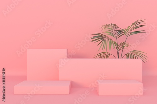 Fototapeta Naklejka Na Ścianę i Meble -  Minimal abstract pink background. Empty podium, pastel color, modern stage, showcase.minimalist mockup for podium display or showcase, 3d rendering.	
