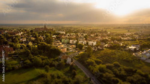 Kwidzyn, Poland - March 30, 2020: The view of the city from above. The Teutonic castle in Kwidzyn and the Graniczna street.