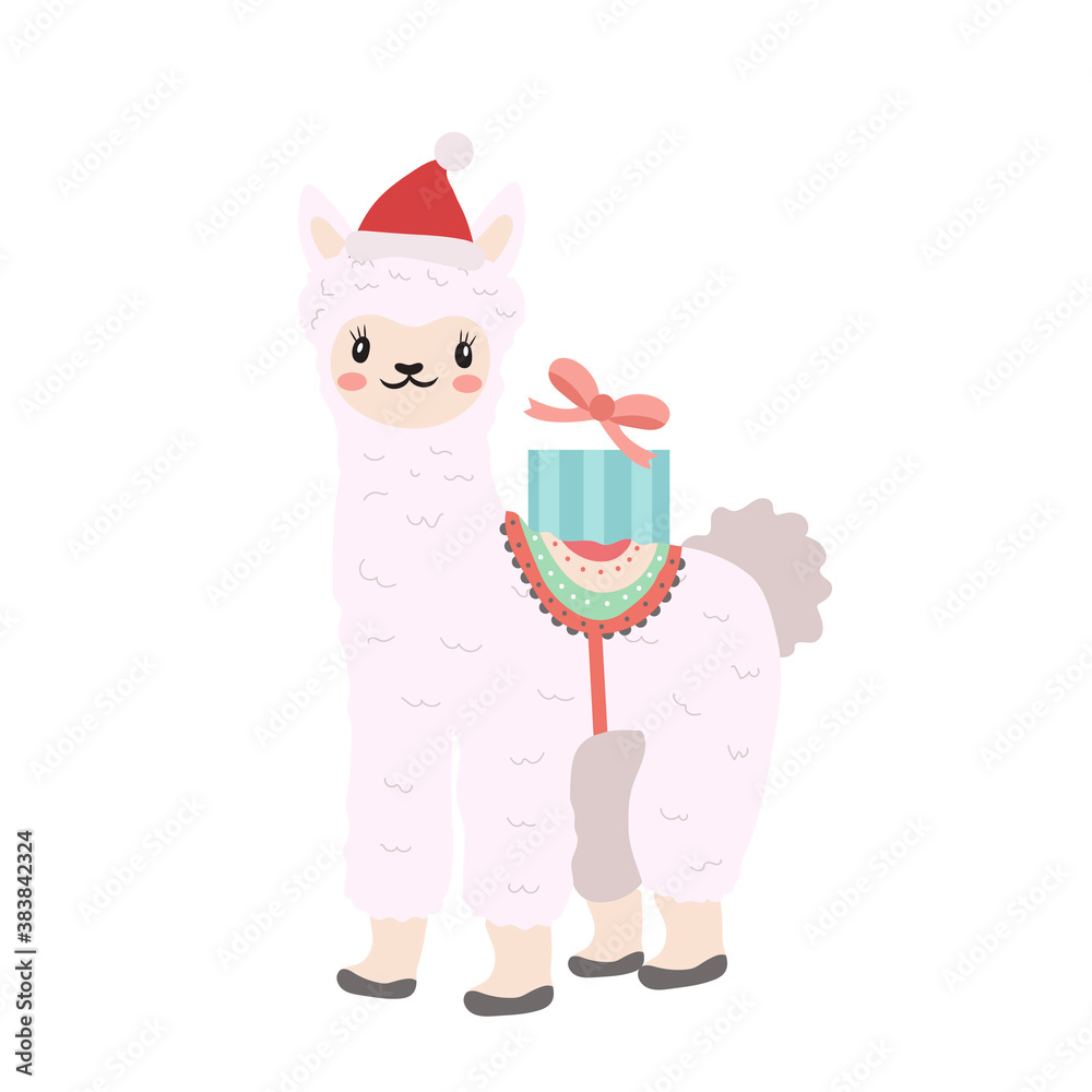 Fototapeta premium Cute llama christmas icon flat, cartoon style. Vector illustration
